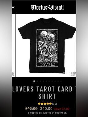 Mortus Viventi Small Women’s Black Graphic Tee White Skull Lovers Tarot Card